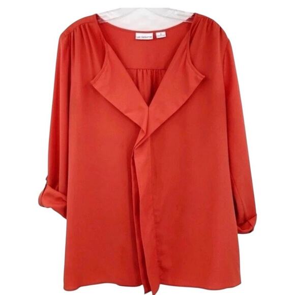 Liz Claiborne Tops - Liz Claiborne Women's Blouse M Coral Orange Shawl Collar Roll Tab Sleeve V Neck